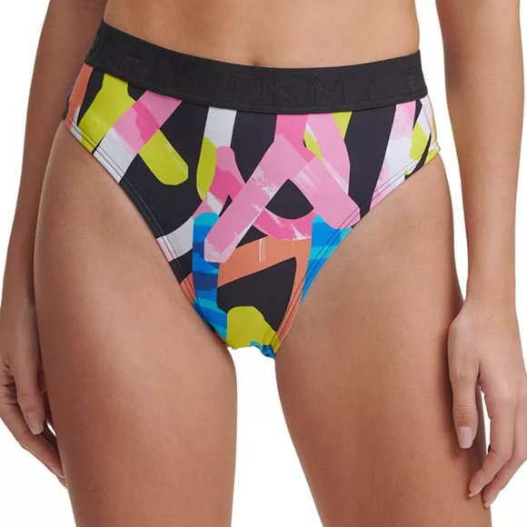 DKNY Printed Logo High-Waist Bikini Bottoms - Picture 1 of 2